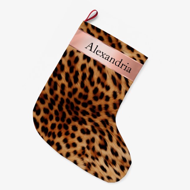 Grande Chaussette De Noël Nom du ruban rose du Rose animal léopard (Devant (Accrochage))