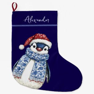 Grande Chaussette De Noël Nom personnalisé Noël Chinoiserie Penguin