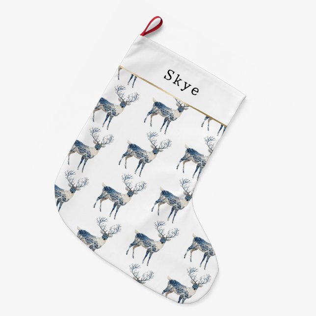 Grande Chaussette De Noël Nordic Blue White Deer Christmas (Devant (Accrochage))