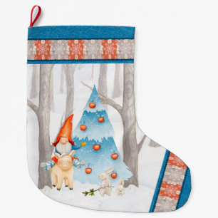 Grande Chaussette De Noël Nordic Tomte Gnome et cochon dans la forêt