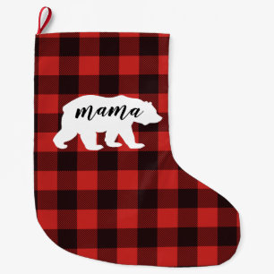 Grande Chaussette De Noël Ours Mama Rustique Rouge et Buffle Noir Plaid