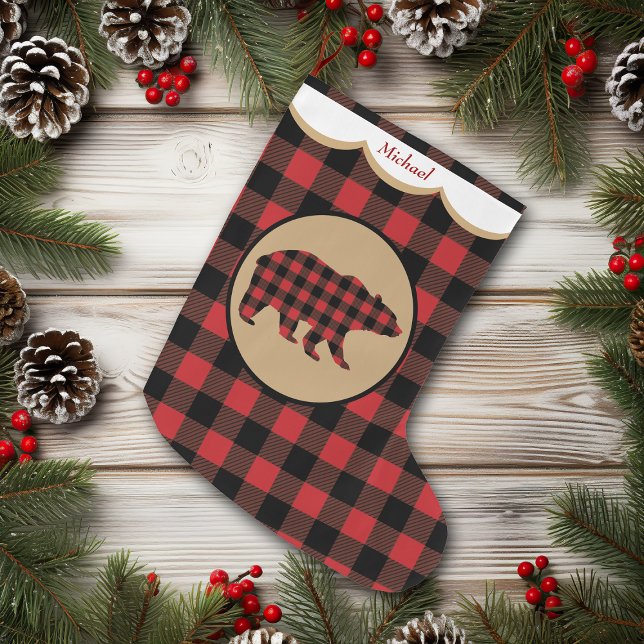 Grande Chaussette De Noël Ours Plaid de Buffalo Rouge Personnalisé (Créateur téléchargé)