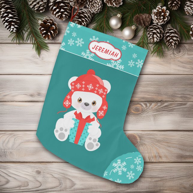 Grande Chaussette De Noël Ours polaire de flocon de neige turquoise (Créateur téléchargé)