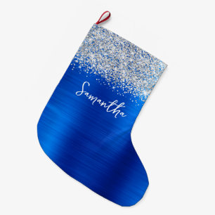 Grande Chaussette De Noël Paillettes Argent Royal Bleu Glam Nom