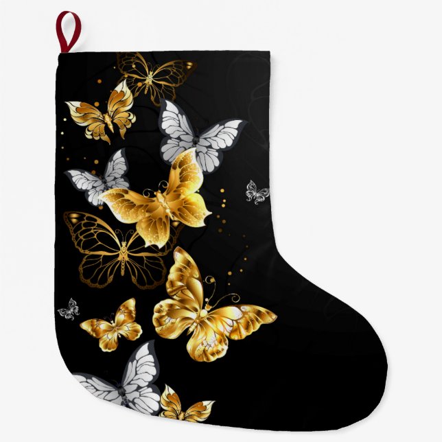 Grande Chaussette De Noël Papillons blancs et dorés (Devant)