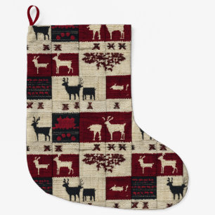 Grande Chaussette De Noël Patchwork croisé rustique Folk Holiday Motif