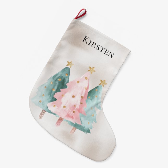 Grande Chaussette De Noël Pearl White Mint Pink Noël Arbres (Devant (Accrochage))