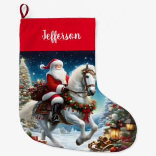 Grande Chaussette De Noël Père Noël fait du cheval blanc