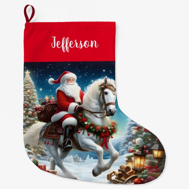 Grande Chaussette De Noël Père Noël fait du cheval blanc (Devant)