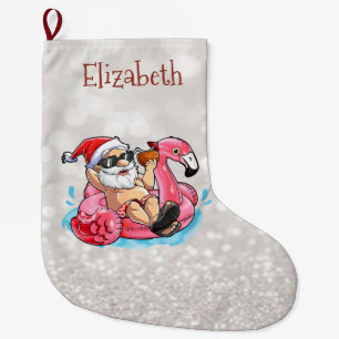 Grande Chaussette De Noël Père Noël,Flamants Roses,Bokeh Étincelant
