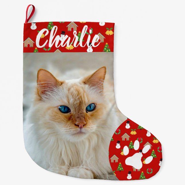 Grande Chaussette De Noël Personalized Simple Paw Pet Photo Monogram Name (Devant)