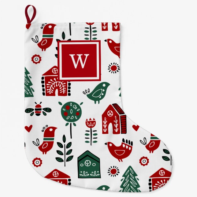 Grande Chaussette De Noël Personnalisé Monogramme rouge et vert scandinave (Devant)