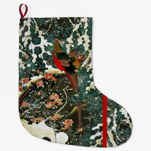 Grande Chaussette De Noël Pheasants à Snow, Pine Tree, Roses, Japanese Flora