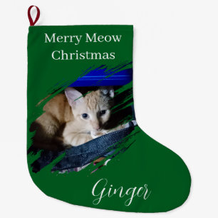 Grande Chaussette De Noël Photo de chat orange avec texte personnalisable