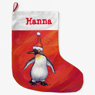 Grande Chaussette De Noël Pingouin à Santa Hat en rouge