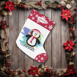 Grande Chaussette De Noël Pingouin à traîneau mignon rose