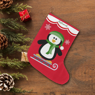 Grande Chaussette De Noël Pingouin d'hiver sur le traîneau