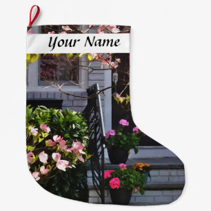 Grande Chaussette De Noël Pink Dogwood and Pots of Geraniums