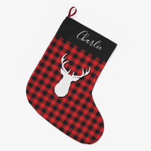 Grande Chaussette De Noël Plaid Rustique Script Christmas Deer Antlers