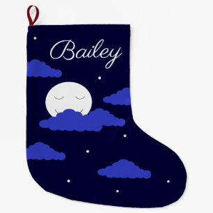 Grande Chaussette De Noël Pleine lune souriante avec nuages :