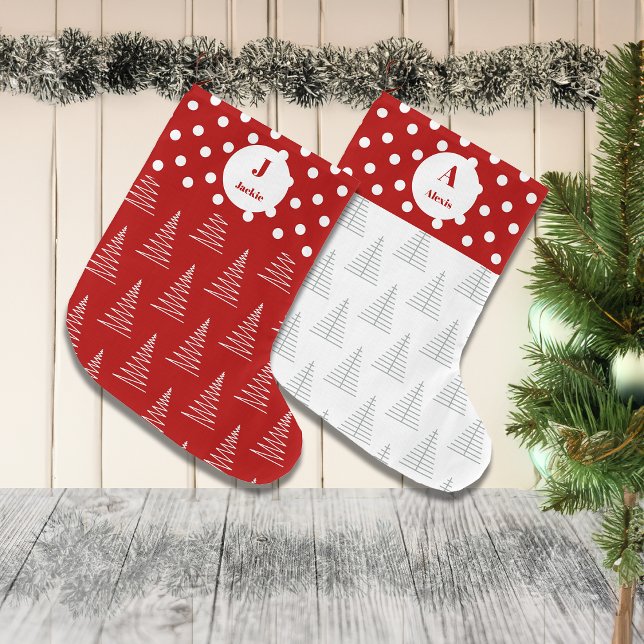 Grande Chaussette De Noël Points et arbres de Noël Nom personnalisé (Créateur téléchargé)