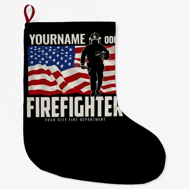 Grande Chaussette De Noël Pompier personnalisé Secourir USA Drapeau Patrioti (Devant)