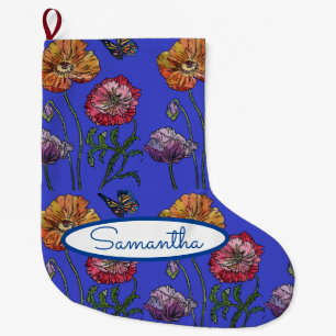 Grande Chaussette De Noël Poppies de Poppies Rouge Orange Bleu Art Floral Gr