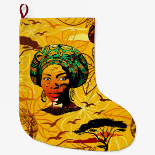 Grande Chaussette De Noël Portrait féminin africain avec coucher de soleil
