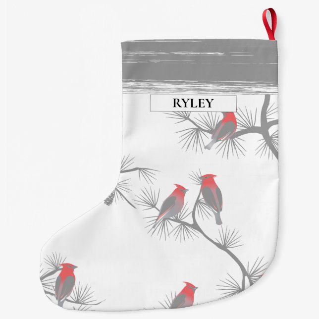 Grande Chaussette De Noël Red Birds Grey Branches Motif Monogramme (Dos)