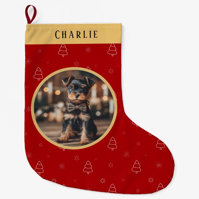 Grande Chaussette De Noël Red Christmas Dog Name Holiday Keepsake (Devant)
