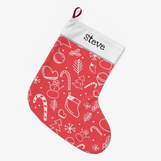 Grande Chaussette De Noël Red Doodle Christmas Pattern - Festive Holiday