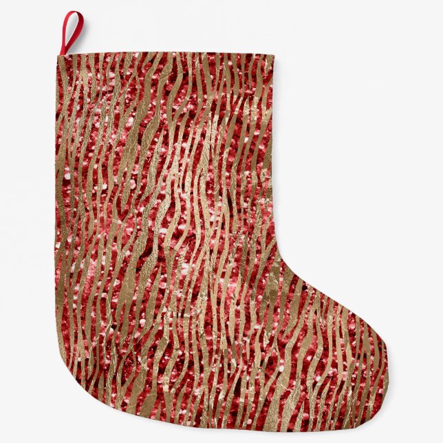 Grande Chaussette De Noël Red Glitz Gold Glam Zebra Print (Devant)