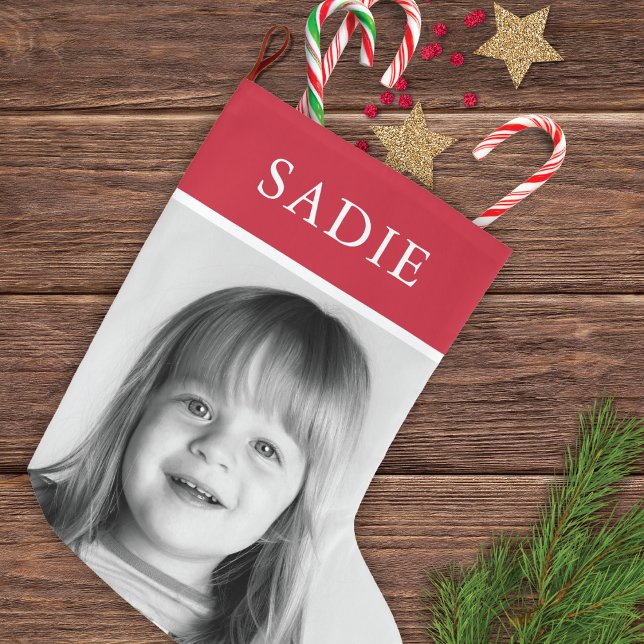 Grande Chaussette De Noël Red Modern Festive Photo + Nom Fête (Créateur téléchargé)