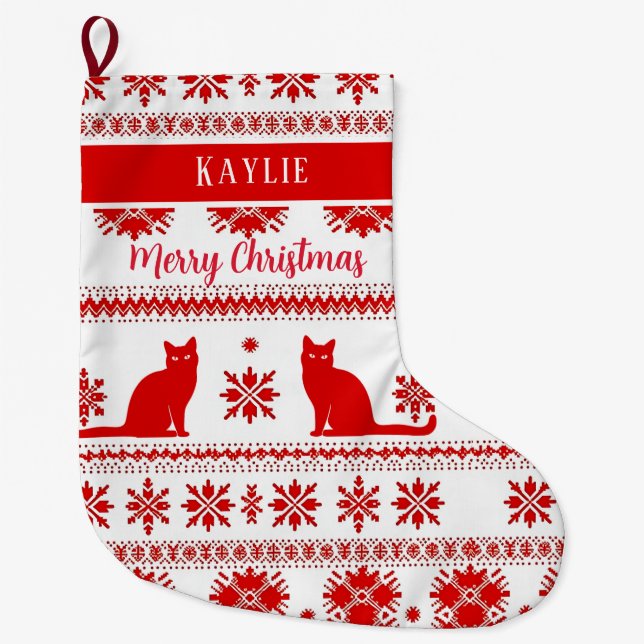 Grande Chaussette De Noël Red Nordic Cat Pattern Christmas (Devant)