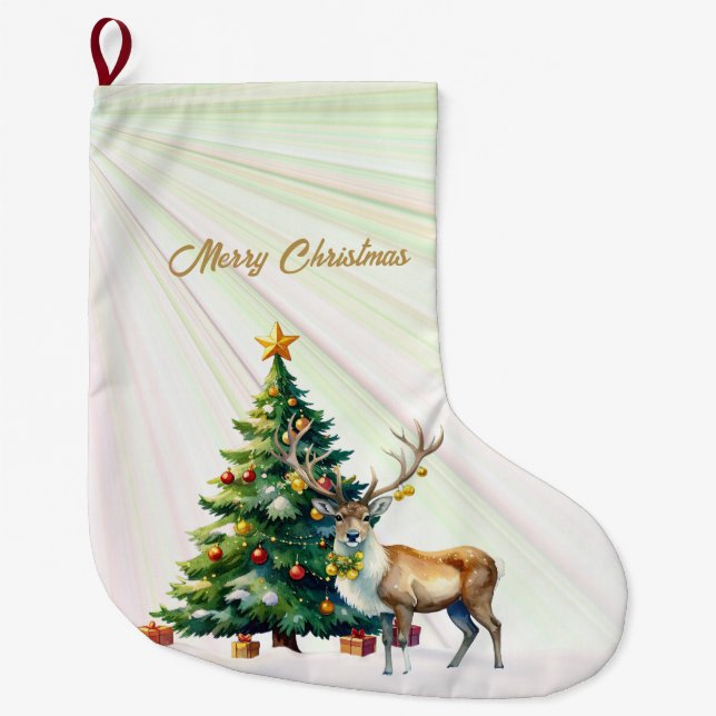 Grande Chaussette De Noël Reindeer Gold Baubles Joyeux Noël (Devant)