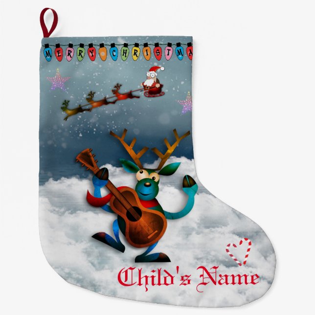 Grande Chaussette De Noël Reindeer - Joyeux Noël Père Noël Sleigh (Devant)
