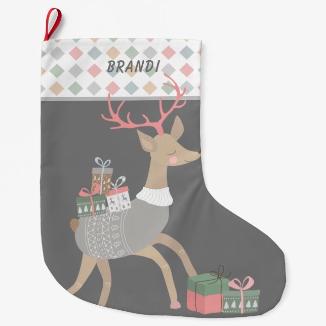Grande Chaussette De Noël Reindeer présente la frontière Motif diamantaire (Devant)