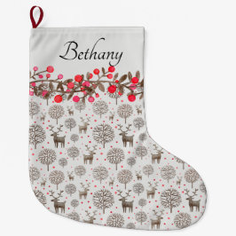 Grande Chaussette De Noël Rennes et baies de bois Fumer Blanc