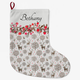 Grande Chaussette De Noël Rennes et baies de bois Fumer Blanc