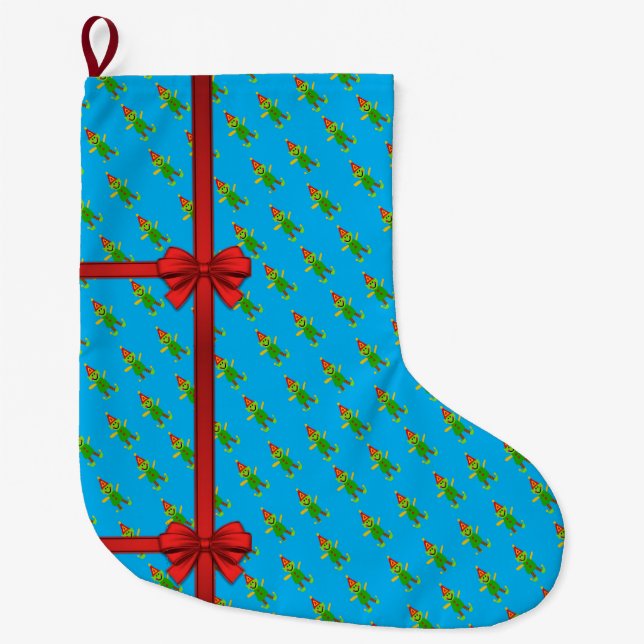 Grande Chaussette De Noël Réservoir de Noël, Elf Blue Red Bow (Devant)