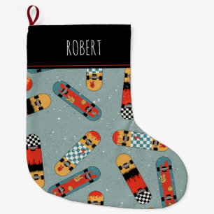 Grande Chaussette De Noël Retro Skateboard Blue Cool Kids