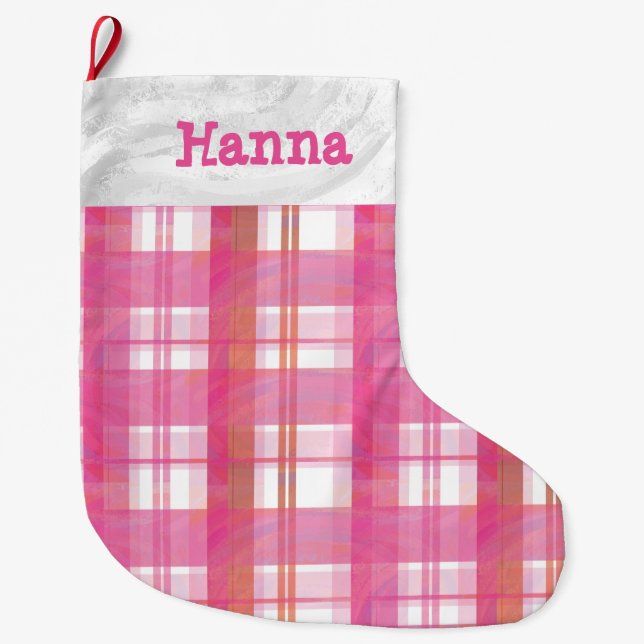 Grande Chaussette De Noël Rose de plaid de Madras (Devant)