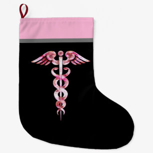 Grande Chaussette De Noël Rose Médicale de noir de symbole de caducée