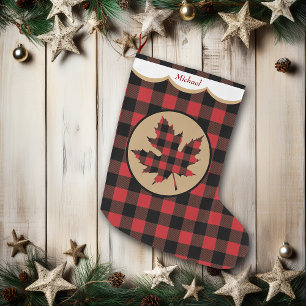 Grande Chaussette De Noël Rouge Buffalo Plaid Maple Leaf Personnalisé