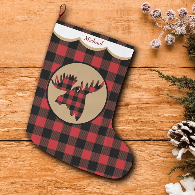 Grande Chaussette De Noël Rouge Buffalo Plaid Tête d'orignal Personnalisé (Créateur téléchargé)