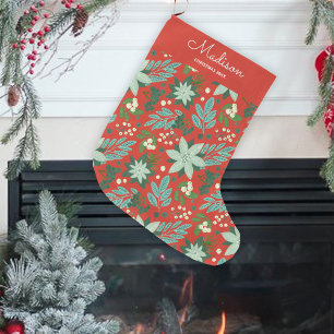 Grande Chaussette De Noël Rouge Floral Gras Fêtes