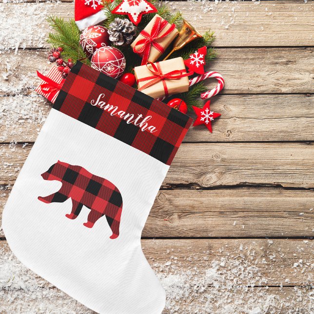 Grande Chaussette De Noël Rouge Plaid Avec Nom Et Ours (Créateur téléchargé)