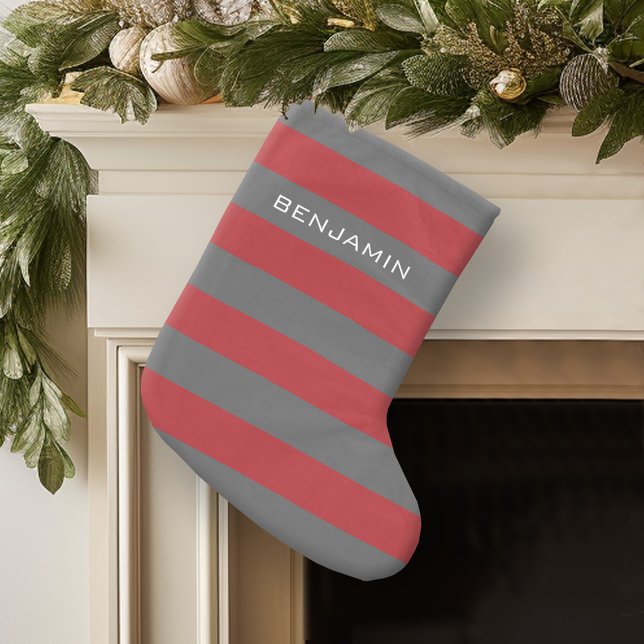 Grande Chaussette De Noël Rugby rouge et gris avec nom personnalisé (Personalized Christmas Stocking)
