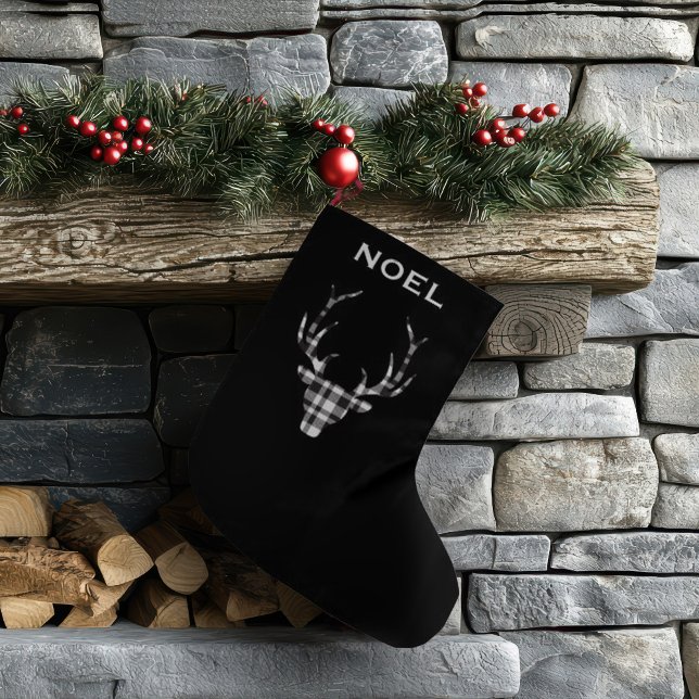 Grande Chaussette De Noël Rustic Elegant Christmas Plaid Deer Stockings (chic personalized christmas stocking. modern black plaid check deer.)