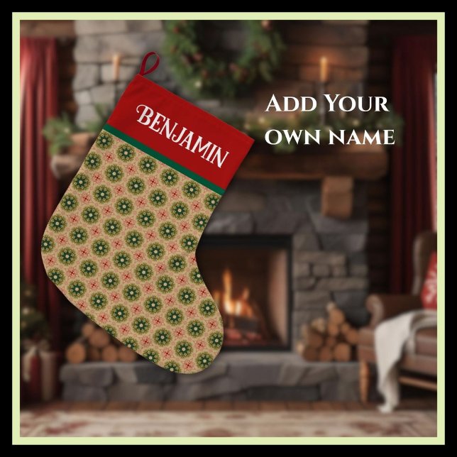 Grande Chaussette De Noël Rustic Green Pine Needles and Red Lace (Créateur téléchargé)